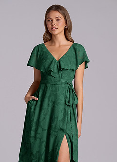 Azazie Lainey Bridesmaid Dresses Dark Green A-Line with Pockets Floral Burnout Dress image7
