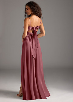 Azazie Zeya Robes de demoiselle d'honneur Robe Trapèze en Satin extensible Plissée Rose Du Désert image1