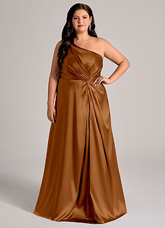 Azazie Brooke Bridesmaid Dresses Copper A-Line One Shoulder Metallic Satin Dress image8