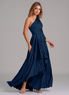 Azazie Lyrica Bridesmaid Dresses Dark Navy A-Line One Shoulder Stretch Satin Dress image3