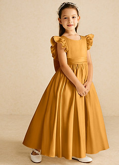 Azazie Piglette Flower Girl Dresses Butterscotch A-Line Bow Matte Satin Dress image5