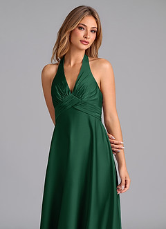 Azazie Tessie Abiti da Damigella Abito A-Line in Raso Elasticizzato Plissettato Verde Scuro image3