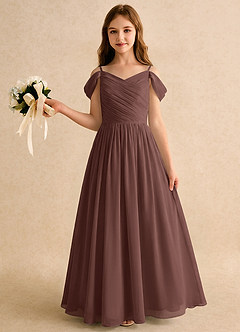 Azazie Chelo Girls Formal Abiti da Ragazza di Fiori Abito A-Line in Chiffon Plissettato Espresso image3