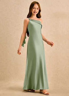 Azazie Almond Girls Formal Sukienki dla dziewczynek sypiących kwiaty Osłona Jedno ramię Satyna elastyczna Długość podłogi Sukienka image5