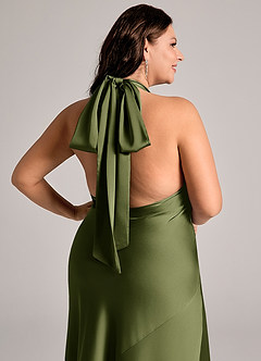 Azazie Velli Jurken voor bruidsmeisjes Jurk van Stretch Satijn met Zeemeermin Hoge Kraag Olijf image13