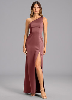 Azazie Phaedra 신부 들러리 드레스 A라인 한쪽 어깨 스트레치 새틴 바닥 길이 드레스 image1