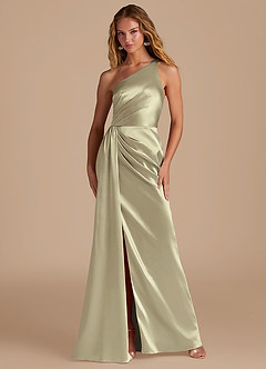 Azazie Mika Bridesmaid Dresses Moss Green Sheath One Shoulder Metallic Satin Dress image1