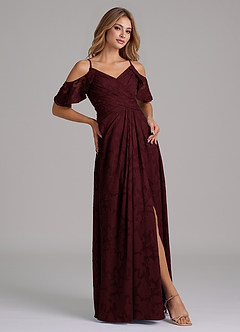 Azazie Dakota 신부 들러리 드레스 A라인 오프 더 숄더 플로럴 번아웃 바닥 길이 드레스 image5