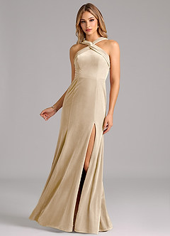 Azazie Rue Bridesmaid Dresses Champagne A-Line Pleated Velvet Dress image4