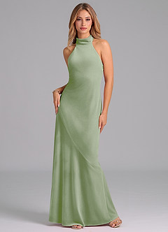 Azazie Velli Vestidos de damas de honor Vestido de Salvia Polvorienta de terciopelo de Corte Sirena con Cuello Alto image1