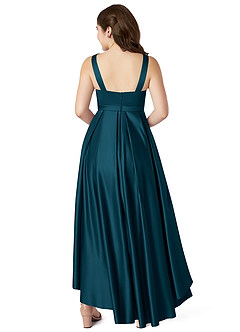 Azazie Inaya Junior Ink Blue A-Line with Belt Stretch Satin Dress image2