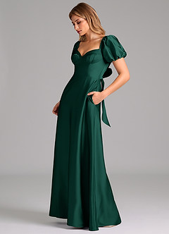 Azazie Fatima Bridesmaid Dresses Emerald A-Line Pleated Stretch Satin Dress image5