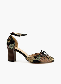 front Floral Tapestry Ankle Strap Block Heels
