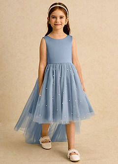 Azazie Bell Jurken voor bloemenmeisjes Baljurk Jurk van Tule Boog Stoffig Blauw image6