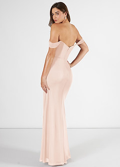 Azazie Kit Bridesmaid Dresses Blushing Pink Mermaid Off the Shoulder Mesh Dress image4