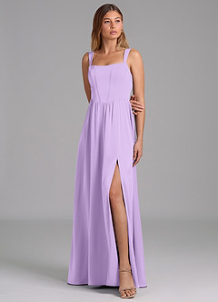 Azazie Rosaline Bridesmaid Dresses Lilac A-Line Side Slit Stretch Satin Dress image4