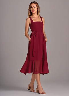 Azazie Deb Bridesmaid Dresses Burgundy A-Line with Pockets Chiffon Convertible Dress image3