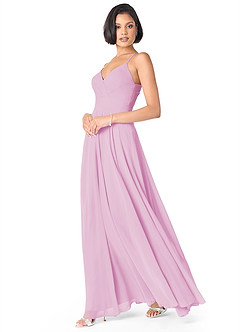 Azazie Avelina Vestidos de damas de honor Vestido de Rosa Caramelo de Gasa de Corte en A con Cuello en V Plisado image3