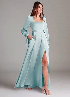 Azazie Leonia Bridesmaid Dresses Sea Glass A-Line Long Sleeve Stretch Satin Dress image4