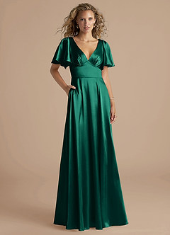 Azazie Kimber Bridesmaid Dresses Emerald A-Line Ruched Metallic Satin Dress image1