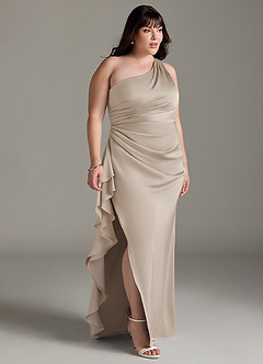 Azazie Latrice Bridesmaid Dresses Frost Sheath One Shoulder Cascading Ruffles Stretch Satin Dress image9