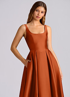 Azazie Amalie 신부 들러리 드레스 A라인 주름진 스트레치 새틴 티 길이 드레스 image2