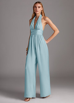 Azazie Oli Robes de demoiselle d'honneur Combinaison en Satin extensible Plissée Bleu Ciel image1