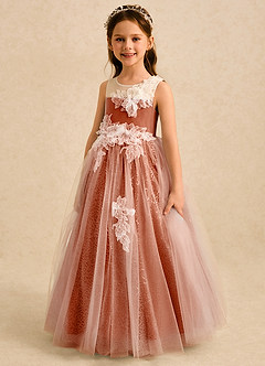 Azazie Addison Robe Demoiselle D'honneur Fillette Robe Princesse en Tulle Sequins Orange Brûlée image1