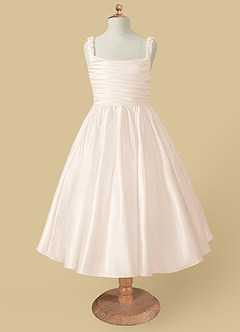 Azazie Cutie Pie Flower Girl Dresses White Alabaster A-Line Pleated Matte Satin Dress image4