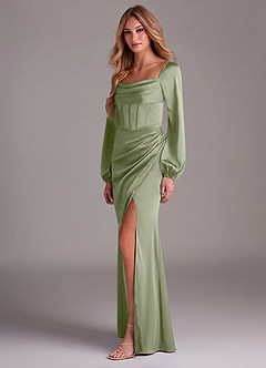 Azazie Charissa Bridesmaid Dresses Pistachio Sheath Long Sleeve Stretch Satin Dress image5