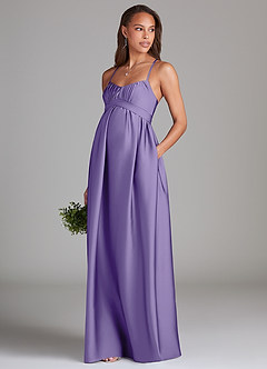 Azazie Llana Maternity Bridesmaid Dresses A-Line Stretch Satin Floor-Length Dress with Pockets image1