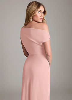 Azazie Emerson At-home Try On Dresses Dusty Blue Sheath Off the Shoulder Chiffon Dress image3