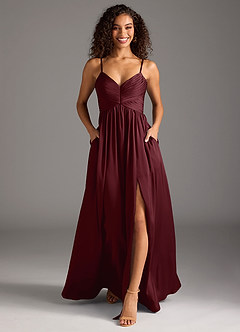 Azazie Alia Bridesmaid Dresses Cabernet A-Line Pleated Stretch Satin Dress image5