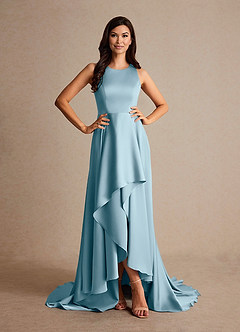 Azazie Niles Mother of the Bride Dresses Moody Blue A-Line Trains Stretch Satin Dress image5