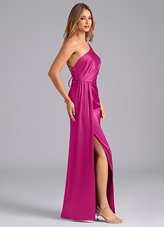 Azazie Naria Vestidos de damas de honor Vestido de Fucsia de Satén Elástico de Corte Recto con Hombro unilateral image4