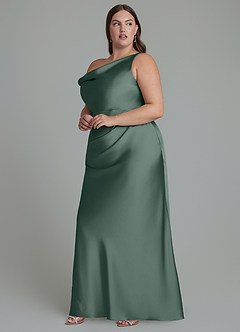 Azazie Emerson Bridesmaid Dresses Sea Moss Mermaid Off the Shoulder Stretch Satin Dress image10