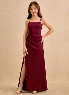 Azazie Cannoli Girls Formal Robe Demoiselle D'honneur Fillette Robe Trapèze en Satin extensible Plissée Bourgogne image5