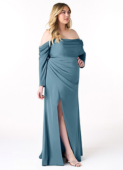 Azazie Hallie Jurken voor bruidsmeisjes Converteerbaar Jurk van Stretch Satijn met Kolom Off-the-shoulder lange mouw Bermuda image11