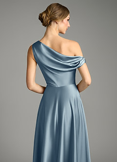 Azazie Xanthe Bridesmaid Dresses Dusty Blue A-Line Off the Shoulder Stretch Satin Dress image6