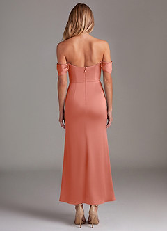 Azazie Saige Bridesmaid Dresses Salmon Pink Mermaid Off the Shoulder Stretch Satin Dress image8