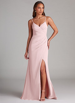 Azazie Maci Bridesmaid Dresses Blushing Pink Sheath Pleated Chiffon Dress image1