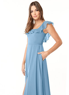 Azazie Jinny Bridesmaid Dresses Steel Blue A-Line Square Neckline Ruched Chiffon Dress image9