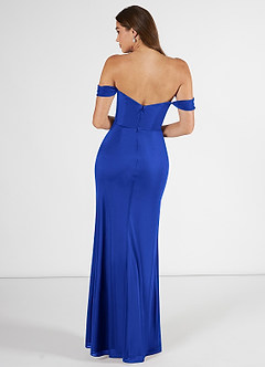 Azazie Kit Bridesmaid Dresses Royal Blue Mermaid Off the Shoulder Mesh Dress image2