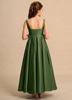 Azazie Mochi Girl Jurken voor bloemenmeisjes Baljurk Jurk van Mat Satijn Geplooid Olijf image2