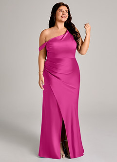 Azazie Madelyn Vestidos de damas de honor Vestido de Fucsia de Satén Elástico de Corte Sirena Convertible con Hombro unilateral image4
