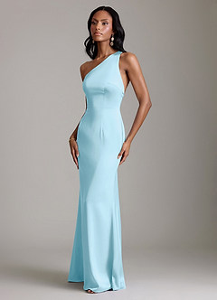 Azazie Voni Probar vestidos en casa Vestido de Azul Cielo de Satén Elástico de Corte Sirena con Hombro unilateral image6