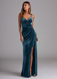 Azazie Maci Vestidos de damas de honor Vestido de Topacio Azul de terciopelo de Corte Recto con Plisado image4