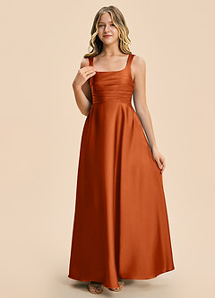 Azazie Azaria Junior Burnt Orange A-Line Pleated Stretch Satin Dress image6