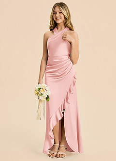 Azazie Thea Junior Powder Pink Sheath Ruched Stretch Satin Dress image4