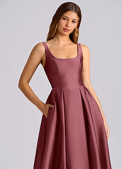 Azazie Amalie 신부 들러리 드레스 A라인 주름진 스트레치 새틴 티 길이 드레스 image2